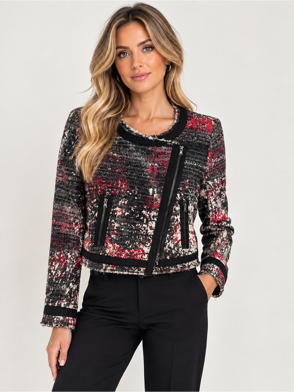 Desigual Red, Black & White Tweed Zip-Front Blazer